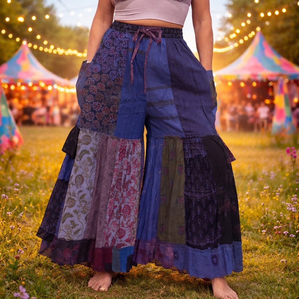 Patchwork Palazzo Pants Boho Festival Wide Leg NWT Ruffle